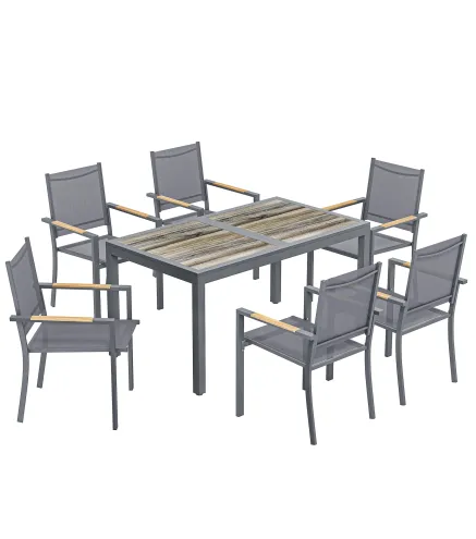 Conjunto de Mesa y Sillas Jardín con Mesa de Plástico PSPC y 6 Sillas Apilables Transpirables para Terraza Patio Gris