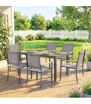 Conjunto de Mesa y Sillas Jardín con Mesa de Plástico PSPC y 6 Sillas Apilables Transpirables para Terraza Patio Gris