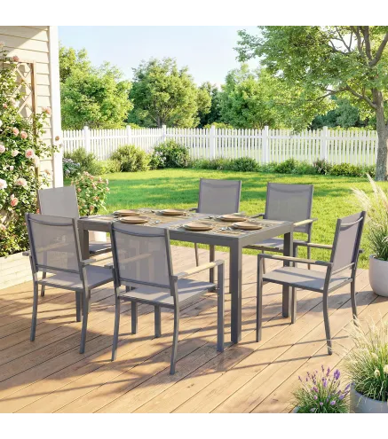 Conjunto de Mesa y Sillas Jardín con Mesa de Plástico PSPC y 6 Sillas Apilables Transpirables para Terraza Patio Gris