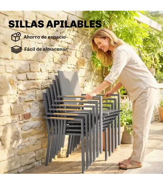 Conjunto de Mesa y Sillas Jardín con Mesa de Plástico PSPC y 6 Sillas Apilables Transpirables para Terraza Patio Gris