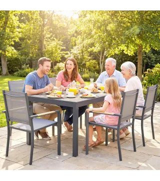 Conjunto de Mesa y Sillas Jardín con Mesa de Plástico PSPC y 6 Sillas Apilables Transpirables para Terraza Patio Gris