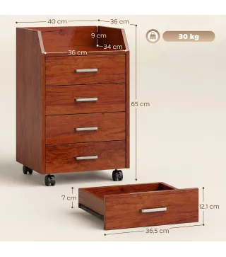 Cajonera de Escritorio con Ruedas Cajonera de Oficina con 4 Cajones Archivador Móvil para Estudio 40x36x65 cm Marrón
