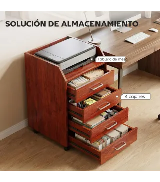 Cajonera de Escritorio con Ruedas Cajonera de Oficina con 4 Cajones Archivador Móvil para Estudio 40x36x65 cm Marrón