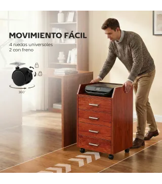 Cajonera de Escritorio con Ruedas Cajonera de Oficina con 4 Cajones Archivador Móvil para Estudio 40x36x65 cm Marrón