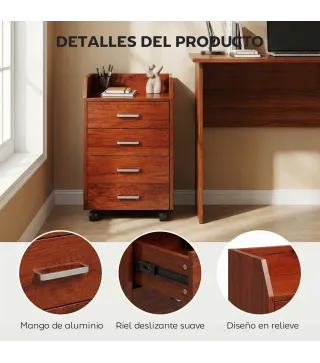 Cajonera de Escritorio con Ruedas Cajonera de Oficina con 4 Cajones Archivador Móvil para Estudio 40x36x65 cm Marrón