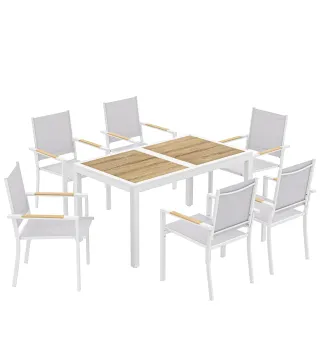 Conjunto de Mesa y Sillas Jardín con Mesa de Plástico PSPC y 6 Sillas Apilables Transpirables para Terraza Patio Blanco