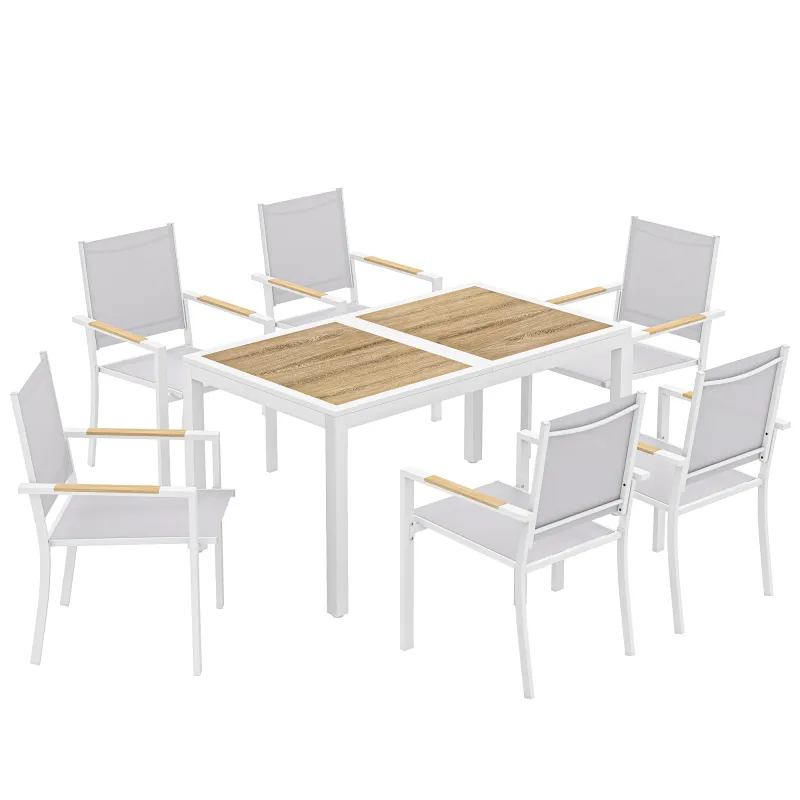 Conjunto de Mesa y Sillas Jardín con Mesa de Plástico PSPC y 6 Sillas Apilables Transpirables para Terraza Patio Blanco