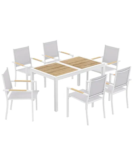 Conjunto de Mesa y Sillas Jardín con Mesa de Plástico PSPC y 6 Sillas Apilables Transpirables para Terraza Patio Blanco