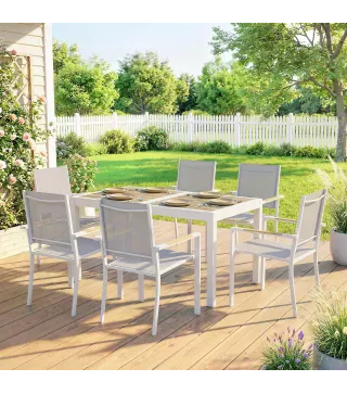 Conjunto de Mesa y Sillas Jardín con Mesa de Plástico PSPC y 6 Sillas Apilables Transpirables para Terraza Patio Blanco