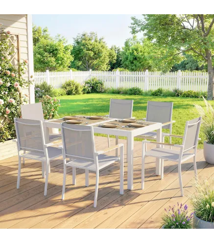 Conjunto de Mesa y Sillas Jardín con Mesa de Plástico PSPC y 6 Sillas Apilables Transpirables para Terraza Patio Blanco