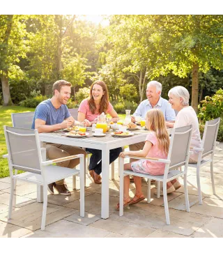 Conjunto de Mesa y Sillas Jardín con Mesa de Plástico PSPC y 6 Sillas Apilables Transpirables para Terraza Patio Blanco
