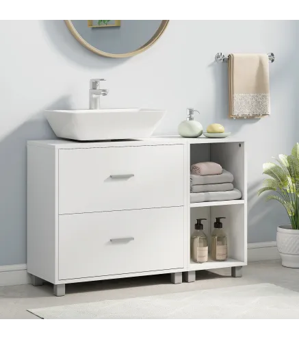 Mueble Bajo Lavabo Mueble de Baño con 2 Cajones y 2 Estantes Abiertos para Lavabo con Pedestal 90x30x60 cm Blanco