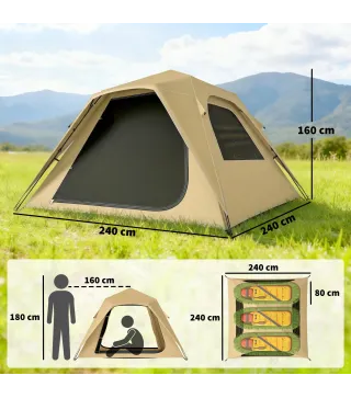 Tienda de Campaña Instantánea, Ventanas de Malla y Bolsa de Transporte Impermeable para 3-4 Personas Caqui