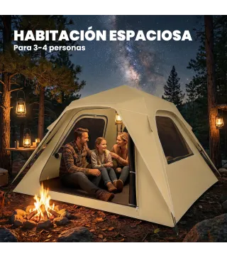 Tienda de Campaña Instantánea, Ventanas de Malla y Bolsa de Transporte Impermeable para 3-4 Personas Caqui