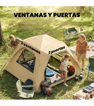 Tienda de Campaña Instantánea, Ventanas de Malla y Bolsa de Transporte Impermeable para 3-4 Personas Caqui