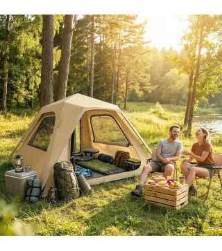 Tienda de Campaña Instantánea, Ventanas de Malla y Bolsa de Transporte Impermeable para 3-4 Personas Caqui