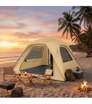 Tienda de Campaña Instantánea, Ventanas de Malla y Bolsa de Transporte Impermeable para 3-4 Personas Caqui