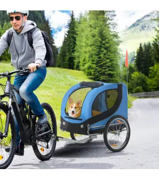 Remolque Bicicleta Perros Mascota 1 Bandera 8 Reflectores Remolque Bici 130x73x90 cm Azul Negro