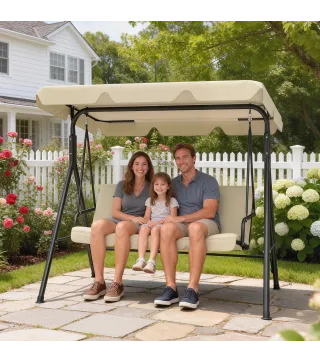 Balancín de Jardín Exterior Columpio de 3 Plazas con Toldo Ajustable y Marco de Acero 172x118x153 cm Beige