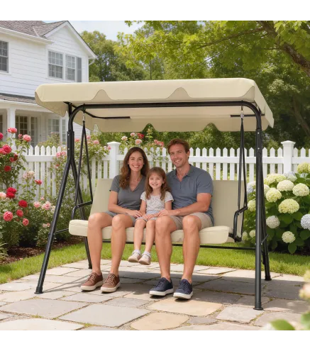 Balancín de Jardín Exterior Columpio de 3 Plazas con Toldo Ajustable y Marco de Acero 172x118x153 cm Beige