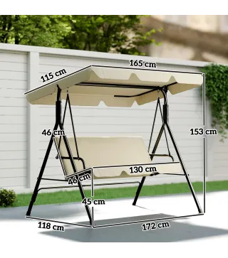 Balancín de Jardín Exterior Columpio de 3 Plazas con Toldo Ajustable y Marco de Acero 172x118x153 cm Beige