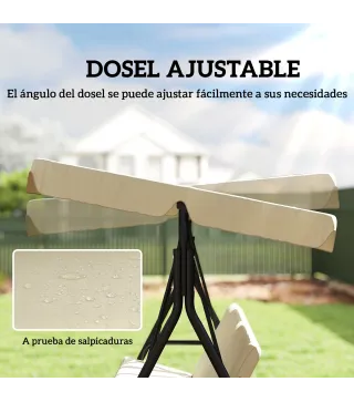 Balancín de Jardín Exterior Columpio de 3 Plazas con Toldo Ajustable y Marco de Acero 172x118x153 cm Beige