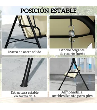 Balancín de Jardín Exterior Columpio de 3 Plazas con Toldo Ajustable y Marco de Acero 172x118x153 cm Beige