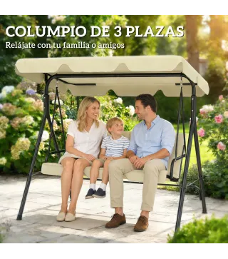 Balancín de Jardín Exterior Columpio de 3 Plazas con Toldo Ajustable y Marco de Acero 172x118x153 cm Beige