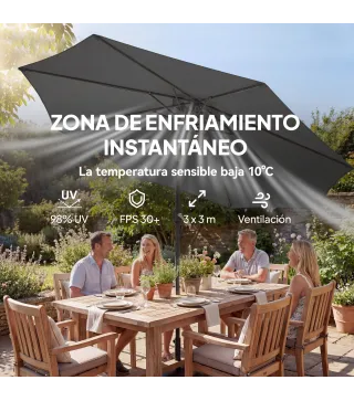 Sombrilla Terraza Exterior 3x3m con Base Bolsa de Arena Manivela Inclinación Costillas Retráctiles Gris Oscuro