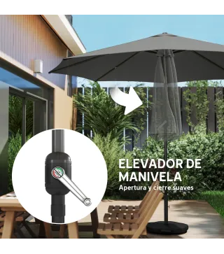 Sombrilla Terraza Exterior 3x3m con Base Bolsa de Arena Manivela Inclinación Costillas Retráctiles Gris Oscuro