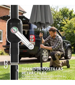 Sombrilla Terraza Exterior 3x3m con Base Bolsa de Arena Manivela Inclinación Costillas Retráctiles Gris Oscuro