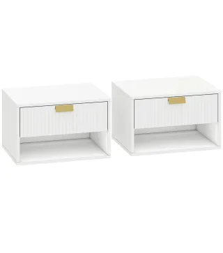 Juego de 2 Mesitas de Noche Flotantes con Cajón con Frente Ondulado y Estante Abierto Diseño Moderno 40x30x25 cm Blanco