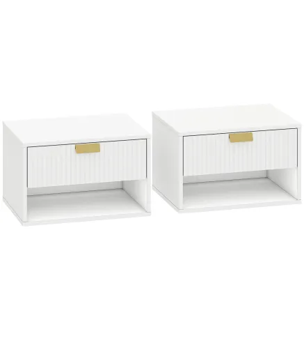 Juego de 2 Mesitas de Noche Flotantes con Cajón con Frente Ondulado y Estante Abierto Diseño Moderno 40x30x25 cm Blanco