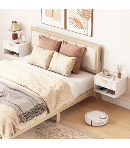 Juego de 2 Mesitas de Noche Flotantes con Cajón con Frente Ondulado y Estante Abierto Diseño Moderno 40x30x25 cm Blanco