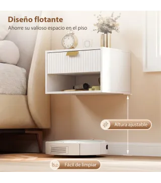 Juego de 2 Mesitas de Noche Flotantes con Cajón con Frente Ondulado y Estante Abierto Diseño Moderno 40x30x25 cm Blanco