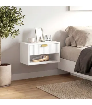 Juego de 2 Mesitas de Noche Flotantes con Cajón con Frente Ondulado y Estante Abierto Diseño Moderno 40x30x25 cm Blanco