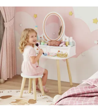 Tocador de Maquillaje Niña Tocador Infantil con Taburete y Espejo 2 Cajones y Barras Colgantes 3 a 8 Años Blanco