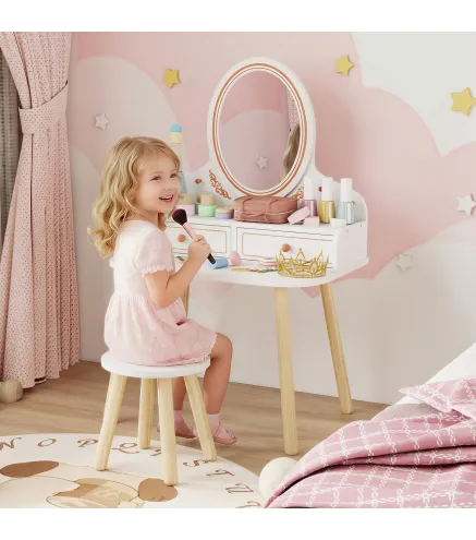 Tocador de Maquillaje Niña Tocador Infantil con Taburete y Espejo 2 Cajones y Barras Colgantes 3 a 8 Años Blanco