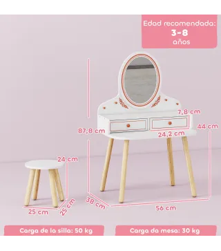 Tocador de Maquillaje Niña Tocador Infantil con Taburete y Espejo 2 Cajones y Barras Colgantes 3 a 8 Años Blanco