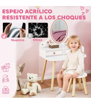 Tocador de Maquillaje Niña Tocador Infantil con Taburete y Espejo 2 Cajones y Barras Colgantes 3 a 8 Años Blanco