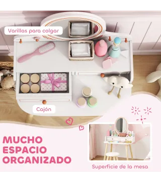 Tocador de Maquillaje Niña Tocador Infantil con Taburete y Espejo 2 Cajones y Barras Colgantes 3 a 8 Años Blanco