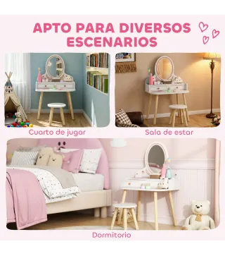 Tocador de Maquillaje Niña Tocador Infantil con Taburete y Espejo 2 Cajones y Barras Colgantes 3 a 8 Años Blanco