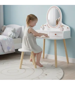 Tocador de Maquillaje Niña Tocador Infantil con Taburete y Espejo 2 Cajones y Barras Colgantes 3 a 8 Años Blanco