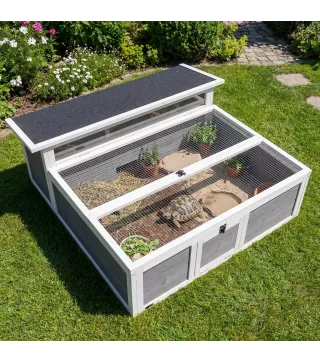 Casa para Tortugas de Madera Terrario para Reptiles Ventana Transparente Techo Abatible 113x106,5x44,5 cm Gris Oscuro