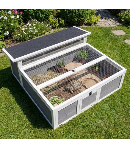 Casa para Tortugas de Madera Terrario para Reptiles Ventana Transparente Techo Abatible 113x106,5x44,5 cm Gris Oscuro