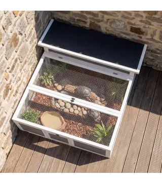 Casa para Tortugas de Madera Terrario para Reptiles Ventana Transparente Techo Abatible 113x106,5x44,5 cm Gris Oscuro