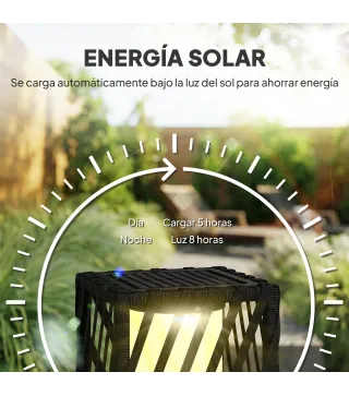 Linterna de Jardín de Ratán Farola Solar Exterior con Luces LED Encendido y Apagado Automático Impermeable IP44 Negro