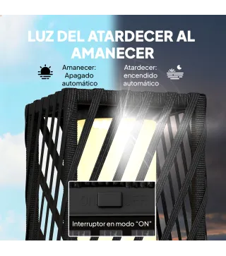 Linterna de Jardín de Ratán Farola Solar Exterior con Luces LED Encendido y Apagado Automático Impermeable IP44 Negro