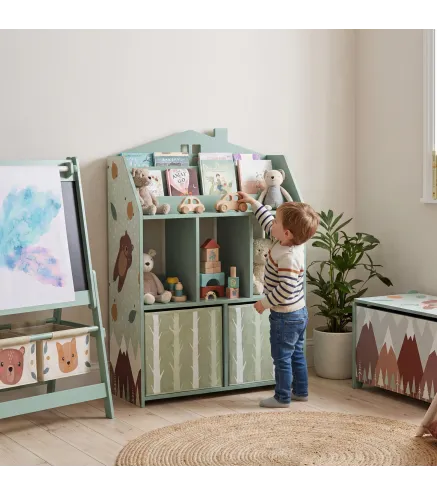 Estantería Infantil para Juguetes con Cajones de Tela Estantes Abiertos Diseño de Ositos Organizador de Juguetes Verde