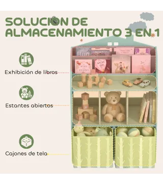 Estantería Infantil para Juguetes con Cajones de Tela Estantes Abiertos Diseño de Ositos Organizador de Juguetes Verde